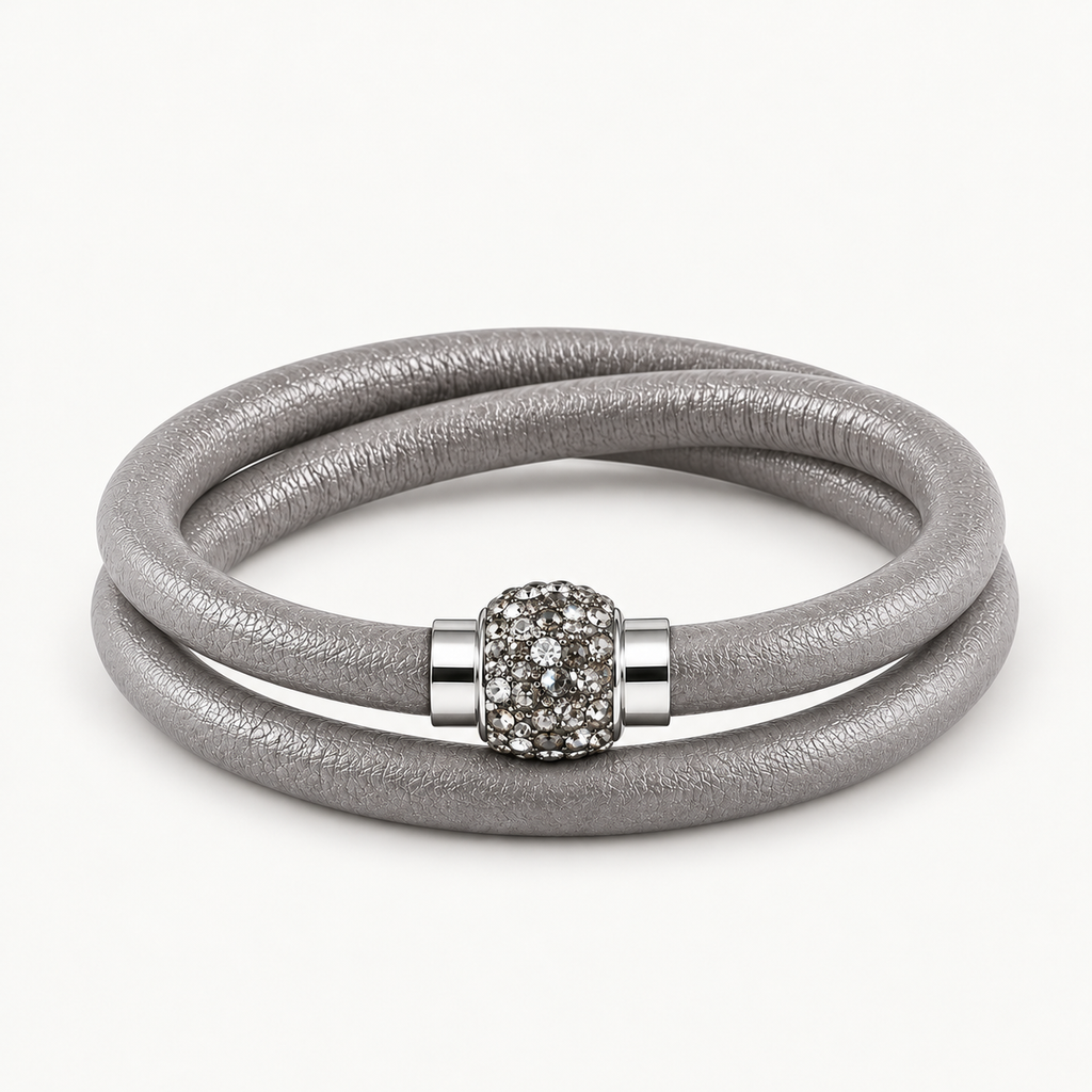 Grey Leather Bracelet with Crystals