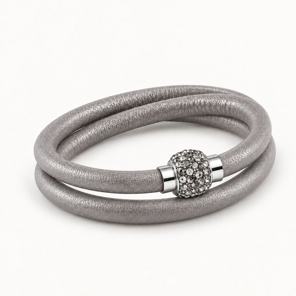 Grey Leather Bracelet with Crystals
