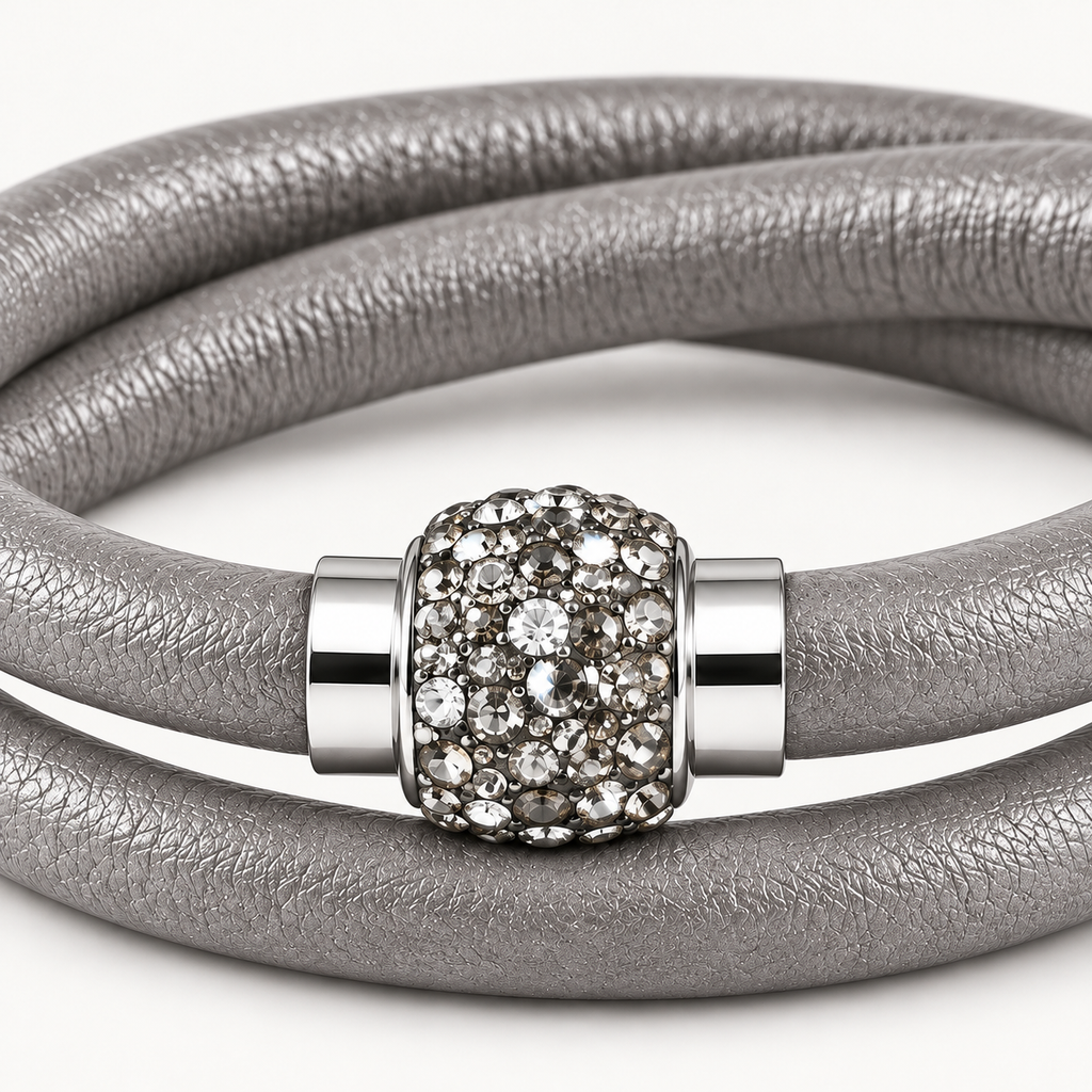 Grey Leather Bracelet with Crystals