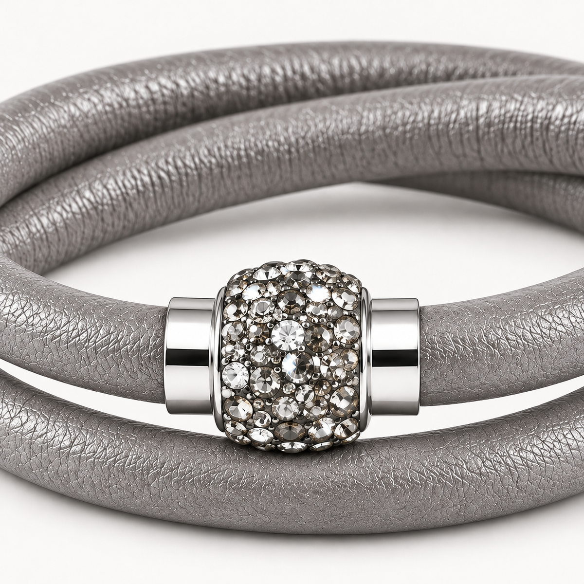 Grey Leather Bracelet with Crystals