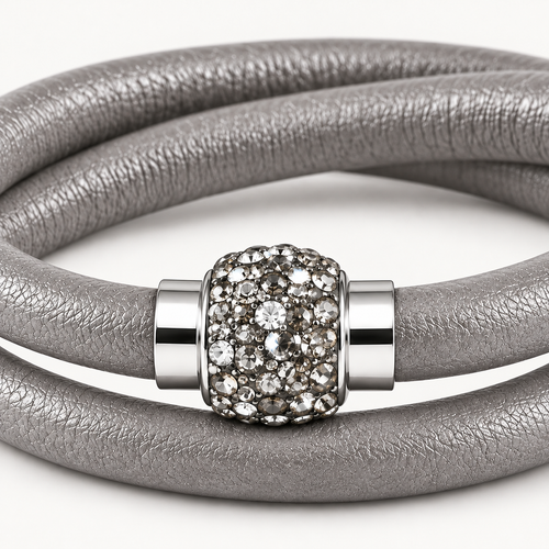 Grey Leather Bracelet with Crystals